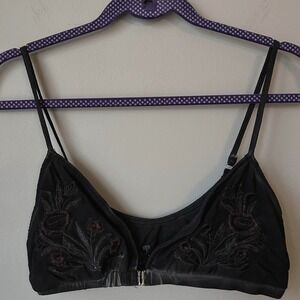 POL Black Floral Mesh Bralette Women L Embroidered Sheer Front Close Strappy Bra